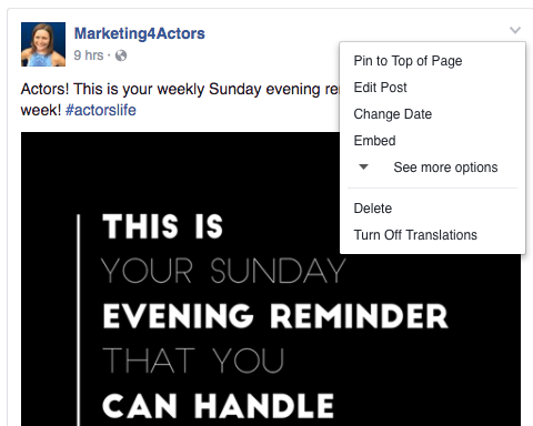 Pin a post on facebook page for actors